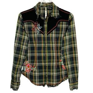 Martini Ranch S Embroider Floral Plaid Western Shirt 90s Rockabilly Cowboy *flaw